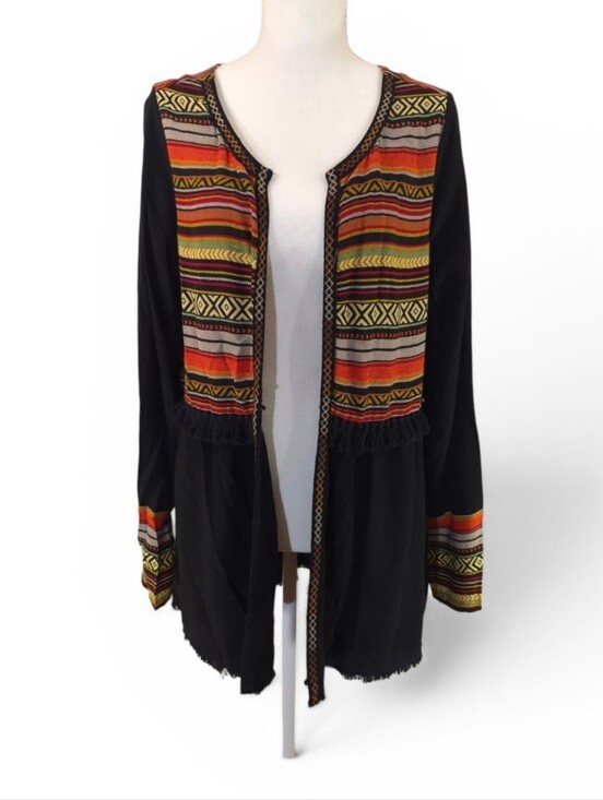 Umgee Sweaters - Umgee Open Front Cardigan Linen Blend Pockets Boho Tribal Tunic Fringe Sz Small